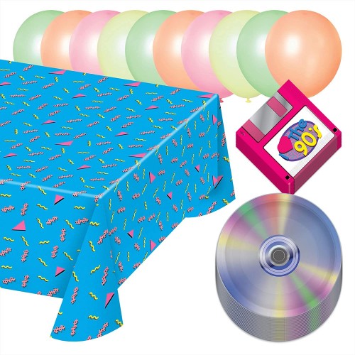 90's Party Supplies Party Pack of Floppy Disk Napkins CD Paper Plates 90's Tablecover and Balloons Serves 16 …