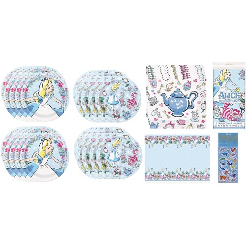 Alice in Wonderland Birthday Party Supplies Bundle Pack for 16 Includes Dessert Plates Lunch Plates Napkins Table Cover
