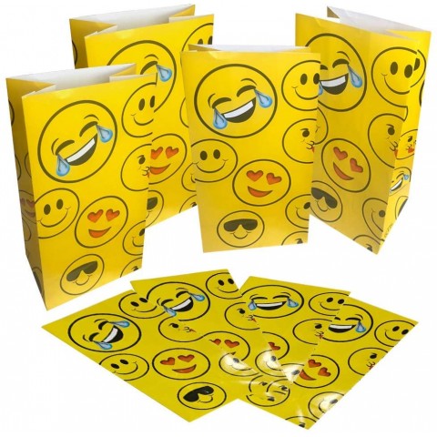 ArtCreativity Emoji Party Favor Bags Pack of 12 Emoticon Themed Goodie Gift Paper Bags Durable Treat Bags Emoji Party Supplies and Favors for Birthday Baby Shower Holiday Goodies