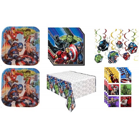 Avengers Birthday Party Supplies Bundle Pack for 16 Includes Lunch Plates Napkins Table Cover Swirl Hanging Decorations Stickers