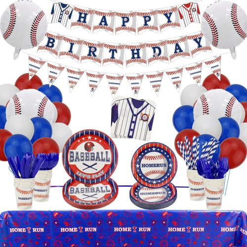 Baseball Party Supplies Baseball Tableware Kit Including Plates Cups Napkins Spoons Knives Forks Tablecloth Banner Sports Party Pack for Kids Baseball Fans Birthday Decor Serves 20 D