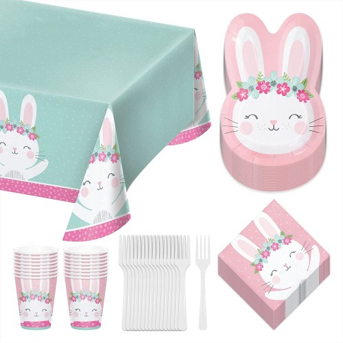 Birthday Bunny Party Pack Pink Boho Floral Paper Bunny Shaped Plates Beverage Napkins Cups Table Cover and Banner Set Serves 16