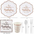 Cieovo Rose Gold Happy Birthday Party Supplies Decorations Serves 16 Guest -Includes Plates Knives Spoons Forks Cups Napkins Perfect Puppy Party Pack for Girls Baby Women Birthday Party Favor