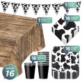 Cow Print Party Pack Black and White Cow Paper Dessert Plates Napkins Cups Banner Garland & Wood Table Cover Set for Western and Farm Animal Theme Parties Serves 16