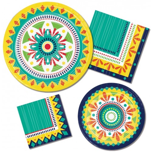 Fiesta Boho Vibe Spring Paper Plates and Napkins Set for 16 Guests Turquoise Mexican Southwestern Pottery Paper Tableware