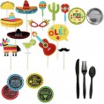 Fiesta Summer Party Supplies Pack For 16 Guests for Cinco De Mayo Taco Tuesday Fiesta etc. With Plates Cups Napkins Tablecover Photo Booth Props Coasters Cutlery Banner and Exclusive Pin