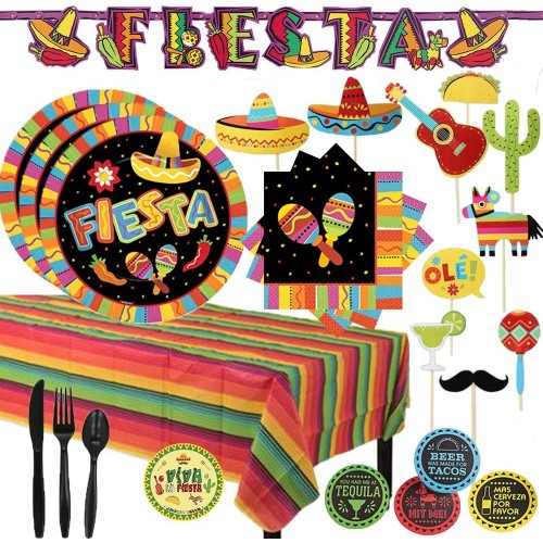 Fiesta Summer Party Supplies Pack For 16 Guests for Cinco De Mayo Taco Tuesday Fiesta etc. With Plates Cups Napkins Tablecover Photo Booth Props Coasters Cutlery Banner and Exclusive Pin