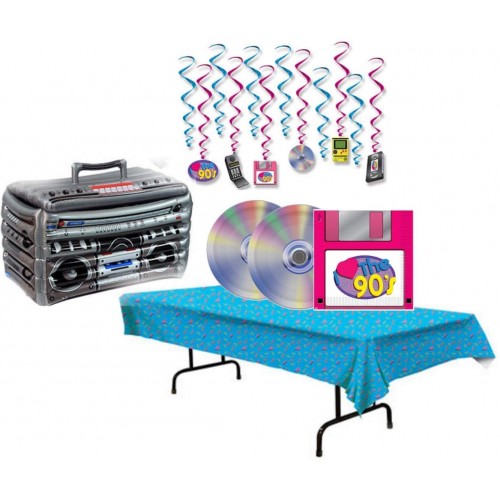 Fly 90's Party Decoration Kit for 16 Guests: Bundle Includes Plates Napkins Tablecover Whirls and a Cooler