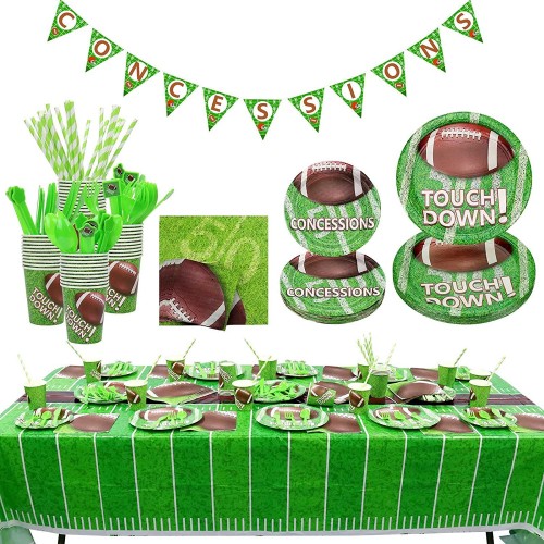 Football Theme Party Supplies Including Dinner Plates Dessert Plates Cups Napkins Tablecloth Tableware Straws Banner for Game Day and Football Birthday Decorations Serves 20 Set A