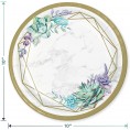 Geometric Succulents Bridal Party Supplies Gold Marble and Floral Paper Dinner Plates Luncheon Napkins and Forks Serves 16