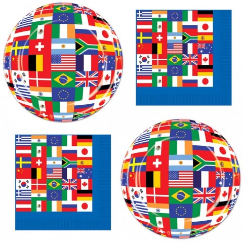 International Flags World National Paper Plates Napkins Around The Globe Party Supplies Bundle Pack for Birthdays Graduations Retirement School Trip Abroad Exchange Students 16 Guests Dessert Size