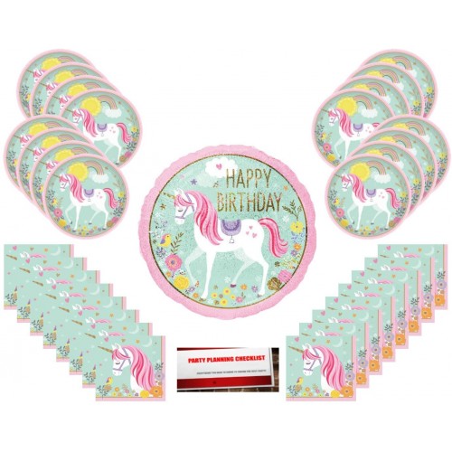 Magical Unicorn Party Supplies Bundle Pack for 16 with Large 18 Inch Balloon Plus Party Planning Checklist by Mikes Super Store