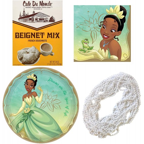 Princess and the Frog Birthday Party Pack- Cafe du Monde Beignet Mix 8 Plates 16 Napkins and 12 Mardi Gras Princess Pearl Bead Necklaces