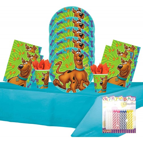 Scooby-Doo Party Supplies Pack Serves 16: Dessert Plates Beverage Napkins Cups and Table Cover with Birthday Candles Bundle for 16