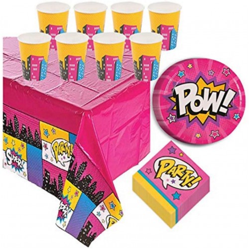 Superhero Girls Party Pack Pink Action Dinner Plates Lunch Napkins Cups and Table Cover Set Serves 8