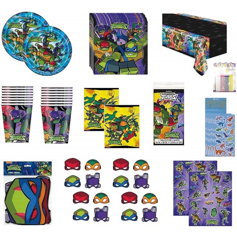 TMNT Mutant Ninja Turtles Birthday Party Supplies Decoration Favors Bundle for 16 includes Plates Cups Napkins Table Cover Loot Bags Paper Masks Stickers Candles