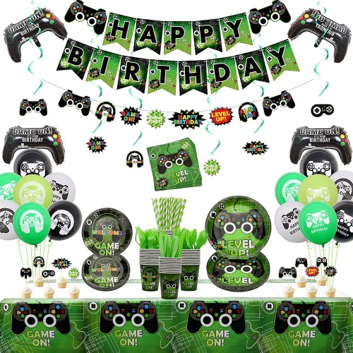 Video Game Party Supplies Gaming Themed Birthday Party Decor for Boys and Gamer Including Plates Cups Napkins Tableware Tablecloth Hanging Swirls Banners and Balloons 204 Pcs Serves 20