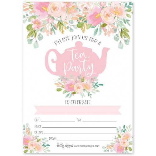 25 Floral Tea Party Invitations Little Girl Garden Tea Cup Time Bridal or Baby Shower Invite High Tea Themed Ladies Event Ideas Vintage Kids Birthday Supplies Printed or Fill in The Blank Card
