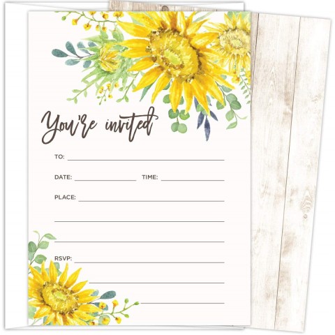 Koko Paper Co Sunflower Invitations | 25 Invitations and Envelopes | Printed on Heavy Card Stock.