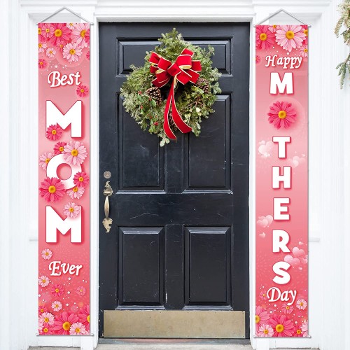 2 Pieces Happy Mother's Day Porch Sign Best Mom Banner Pink Flower Mothers Day Hanging Door Banner Mothers Day Party Indoor Outdoor Welcome Porch Wall Decor Front Door Party Decorations