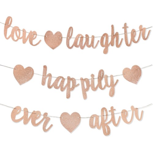 3Pcs Rose Gold Glitter Love Laughter and Happily Ever After Banner Wedding Shower Decorations Bridal Shower Decorations Bachelorette Bridal & Engagement Party Decorations Pre-Strung Signs