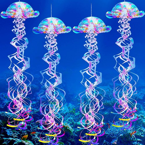4 Pieces Glitter Iridescent Jellyfish Honeycomb Mermaid Party Jellyfish Lanterns Ocean Blue Hanging Jellyfish Decorations Under The Sea Honeycomb Decorations Coaster Ocean Jellyfish Decor Blue