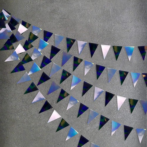 40 Ft Black Silver Iridescent Galaxy Triangle Banners Flag Metallic Holographic Paper Pennant Bunting Garlands for Birthday Bachelorette Engagement Wedding Bridal Shower Party Decorations Supplies