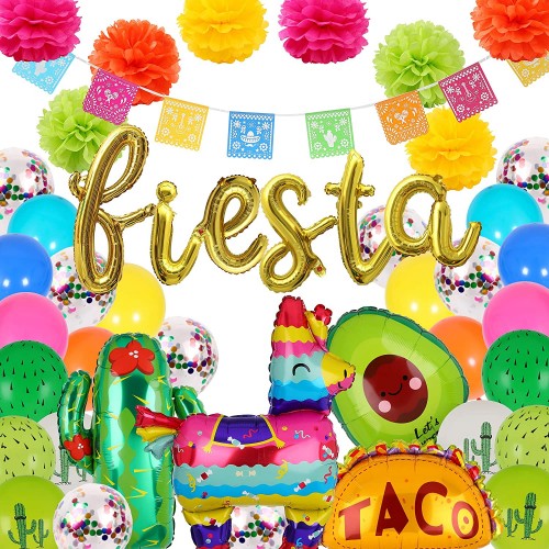 40 Pcs Fiesta Letter Banner Balloons Jumbo Mexico Taco Llama Cactus Avocado Mylar Foil Balloon Birthday Mexican Fiesta Theme Latex Balloon Party Decorations