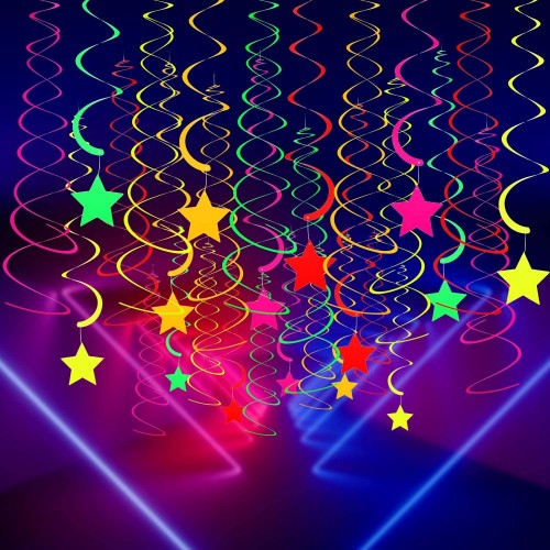50 Pieces Glow Party Supplies Hanging Swirl Decorations Neon Star Swirl Hanging Decorations for Neon Party Glow Party Ceiling Decorations