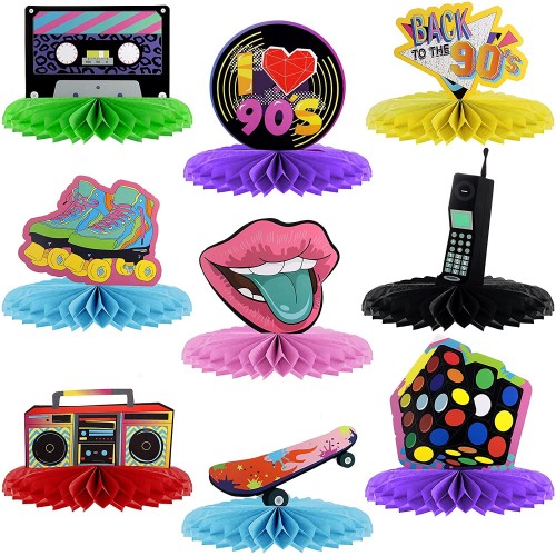 9 Pieces 90s Theme Party Decorations Honeycomb Centerpieces Table Topper Retro Table Decor Vintage Hip Hop Supplies 1990s Party Favors Photo Booth Props for Back to 90's Nostalgic Hippy Party