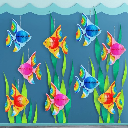 9 Pieces Tissue Fish Decoration Tropical Fish Party Decorations Tropical Fish Party Hanging Decor with 4 Rolls Green Crepe Paper Under The Sea Adventures for Home School Office Birthday Party Supplies