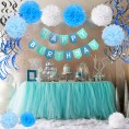 Birthday Decorations Cocodeko Happy Birthday Banner Bunting with Tissue Paper Pom Poms and Hanging Swirl Decor for Birthday Party Decorations Blue Sky Blue and White