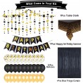 Black and Gold Birthday Party Decoration for Men Women- Happy Birthday Banner Glitter Circle Dot Garland Streamer Fringe Curtain Foil Tablecloth and Balloons Party for Women Men Black Gold Birthday Party