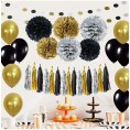 Black and Gold Party Decorations DIY Tissue Paper Pom Poms Flowers Tassel Balloons Hanging Swirl Paper Circle Garland for Graduation and Retirement Party Decor