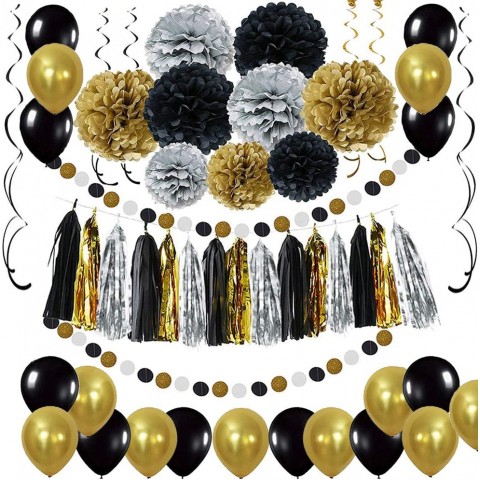 Black and Gold Party Decorations DIY Tissue Paper Pom Poms Flowers Tassel Balloons Hanging Swirl Paper Circle Garland for Graduation and Retirement Party Decor