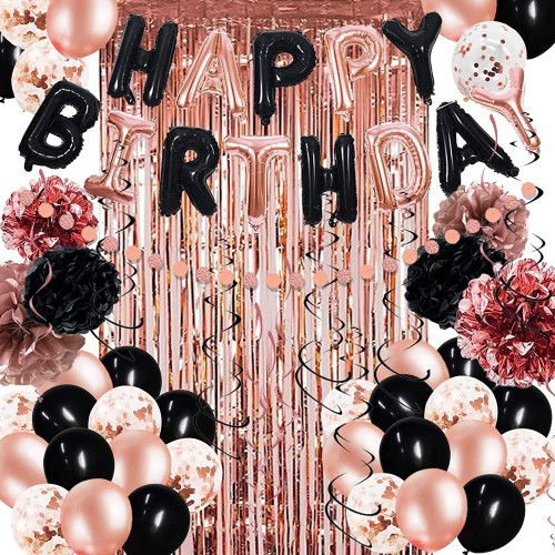 Black Rose Gold Birthday Party Decorations for Women Girls 78 Pack Black Rose Gold Confetti Balloons Curtains Paper Flowers Hanging Swirl and Circle Dot Garland for Girl Women