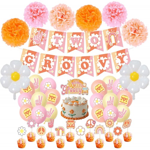 DARUNAXY Two Groovy Hippie Boho Party Decorations for Baby Girls 2nd Birthday Party Supplies Two Groovy Banner 2PCS Daisy Flower Foil Balloons 6PCS Poms 13PCS Cake Toppers 18PCS Latex Balloons