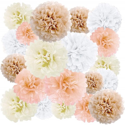 EpiqueOne 20-Piece Paper Pom Poms Party Kit – Tissue Pom Pom Decorations; Birthday Party Decorations Bridal Shower – Baby Shower Easy to Assemble and Install; White Ivory Peach and Champagne