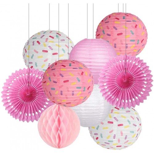 Famolay Donut Paper Lanterns Decorative 9PCS Pink Party Decorations Paper Fans Honeycomb Ball Ice Cream Decor Birthday Supplies Hanging Lanterns Lamps for Kids Baby Shower