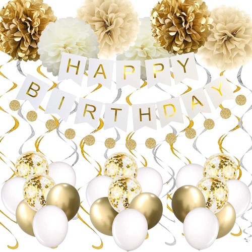 Gold Birthday Party Decorations ,Happy Birthday Banner 16th 18th 21th 30th 40th 50th 60th 70th Gold White Birthday Decorations Supplies Balloons