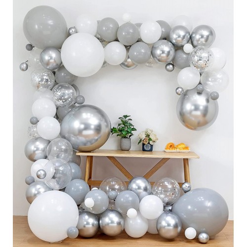 Grey silver white transparent Balloon Garland kit&4 Sizes 18''12''10''5'' balloons Silver Confetti Balloons for Birthday Party Decorations Wedding Prom Decoration Graduation Anniversary Bachelorette