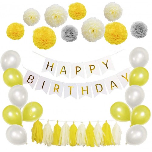Happy Birthday Decoration Set Banner with Paper Pom Poms Flower Tassel Garland and Balloon for Birthday Party Decorations 41 Pack Yellow Silver and Cream