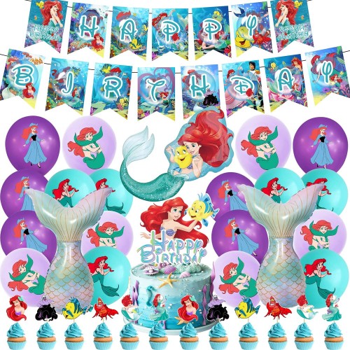 Little Mermaid Birthday Party Decorations for Girls Ariel Princess Birthday Party Supplies Includes Happy Birthday Banner,Latex Balloons Shaped Foil Balloons Cake Topper Cupcake Toppers for Girls Little Mermaid Party Gift