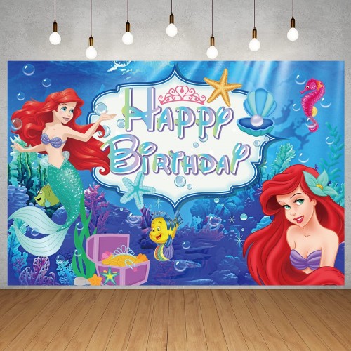 Mermaid Happy Birthday Backdrop Under The Sea Little Mermaid Birthday Party Supplies for Girls Ariel Mermaid Princess Party Decorations Happy Birthday Banner Cartoon Theme Party Decorations Photography Background