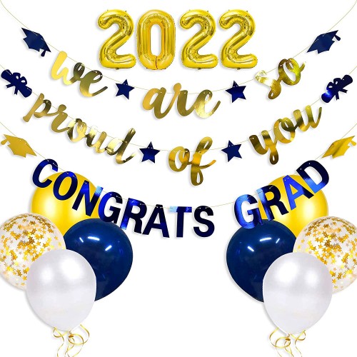 Navy Blue Gold 2022 Graduation Party Decorations We are So Proud of You Congrats Grad Graduation Banner 2022 Foil Balloons Graduation Cap Diploma Star Garland for Congratulations Grad Party Supplies