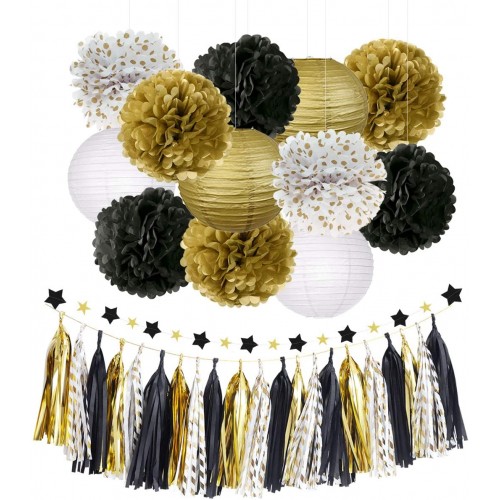NICROLANDEE Black and Gold Party Decorations Black Gold Tissue Paper Pom Poms Flowers Hanging Paper Lanterns Star Garland Tassel for Happy New Year Decorations 2022 Wedding Birthday Prom Party
