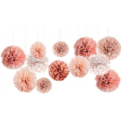 NICROLANDEE Wedding Decorations 12 PCS Rose Gold Burnt Coral Tissue Paper Pom Poms for Engagement Party Wedding Birthday Bridal Shower Bachelorette Baby Shower Ceiling and Party Backdrop Decor