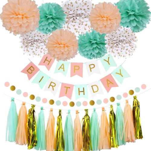 OuMuaMua Mint Peach Birthday Party Decorations for Women Grils Happy Birthday Decoration Set with Birthday Banner Pom Poms Circle Dot Garland and Tassel Garland for Women Grils Birthday Party Decor