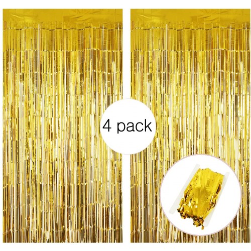 Party Club of America Gold Fringe Curtain Backdrop Foil Curtain Backdrop Bachelorette Party Decorations Party Backdrop Tinsel Backdrop Gold Streamers 4 Pack