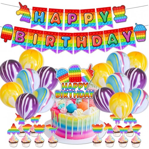 Pop Birthday Party Decorations Pop Birthday Party Supplies Sensory Pop Game Theme Party Decoration Set Included Happy Birthday Banner Balloons Pop Cake Toppers and Cupcake Toppers for Kids Gift Birthday Party Favor